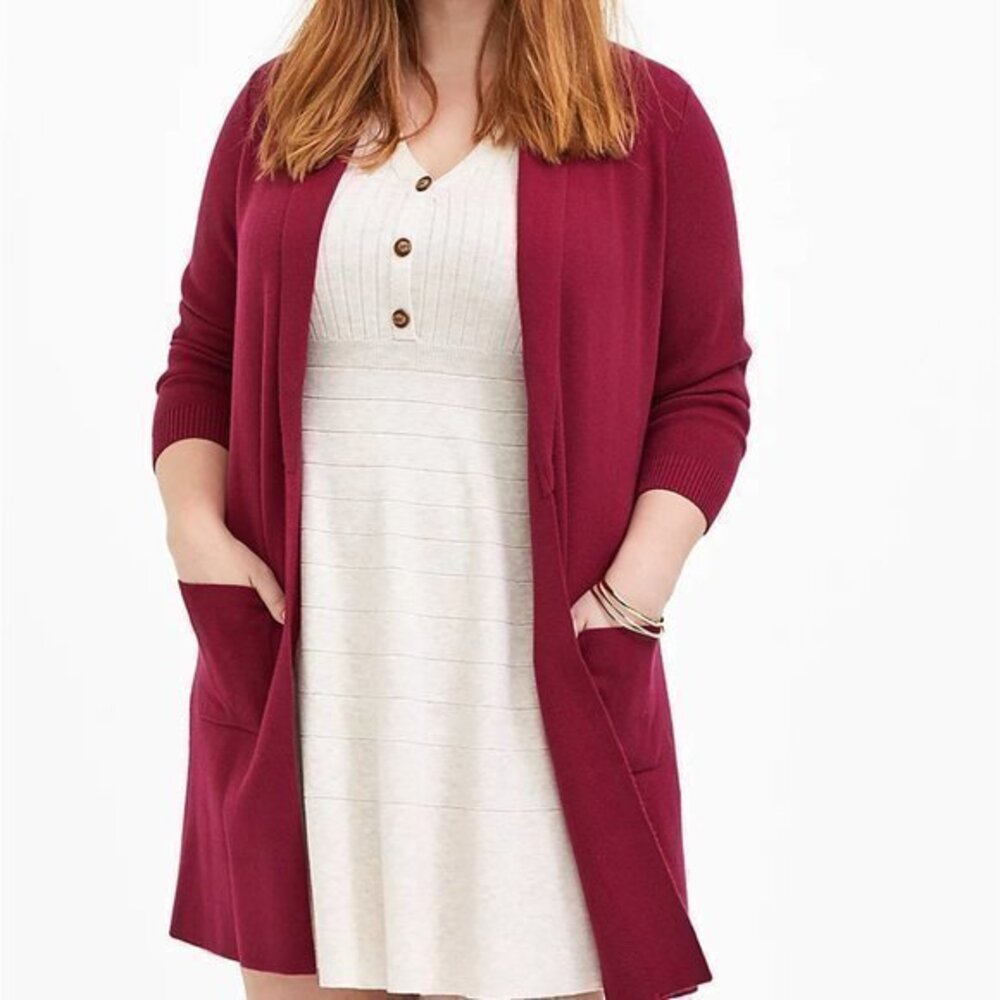 Torrid 1X 14/16 Red Wine Shawl Collar Open Front Cardigan Sweater Coat w/Pockets